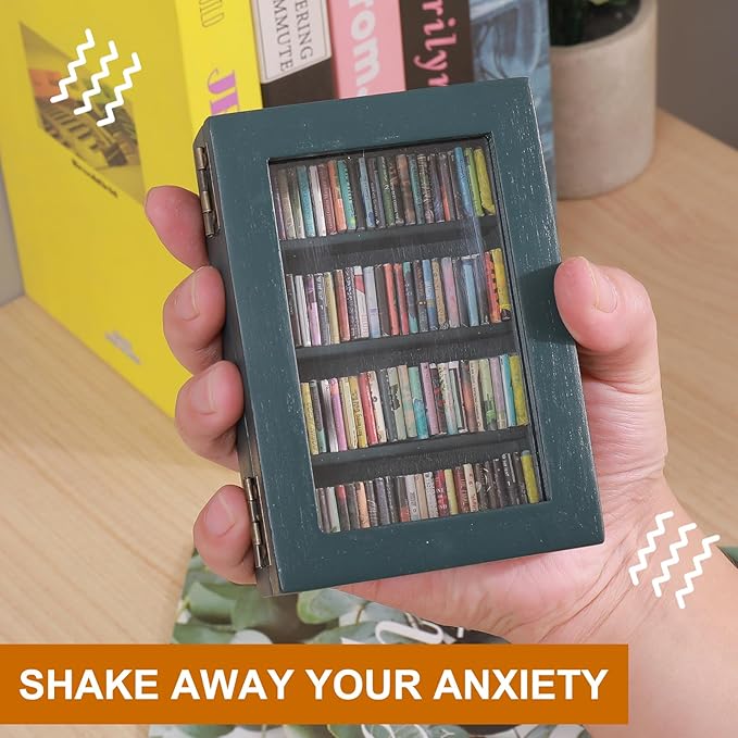 Anxiety Bookshelf Ornament With 100pcs Mini Books | Miniature Bookshelf Decor |Shake Away Your Anxiety Book Library | Mini Book Shelf for Doll House Home Office Decor (Blue)