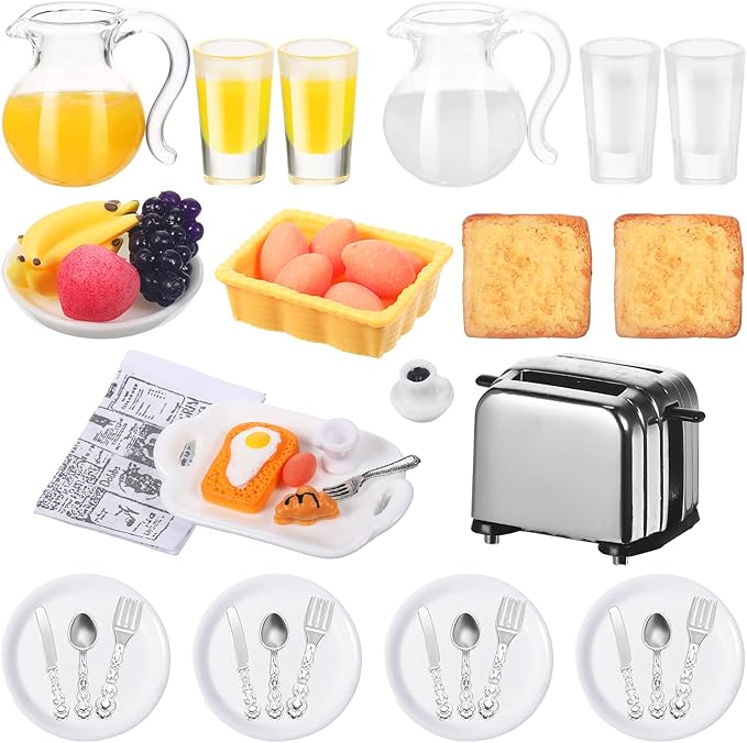 44 Pieces 1:12 Dollhouse Miniature Breakfast Kitchen Accessories Mini Toast Machine Bread Juice Milk Eggs Cups Fruits Plates Knife Fork Spoons for Dollhouse Kitchen Scene and Cake Topper Decor