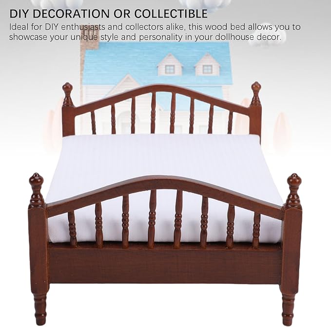 Diydeg Wooden Doll House Bed, 1: 12 Scale Dollhouse Miniature Furniture Vintage Wooden Bed with Bedding, DIY Scene Doll Home Furniture Craft Accessoreis