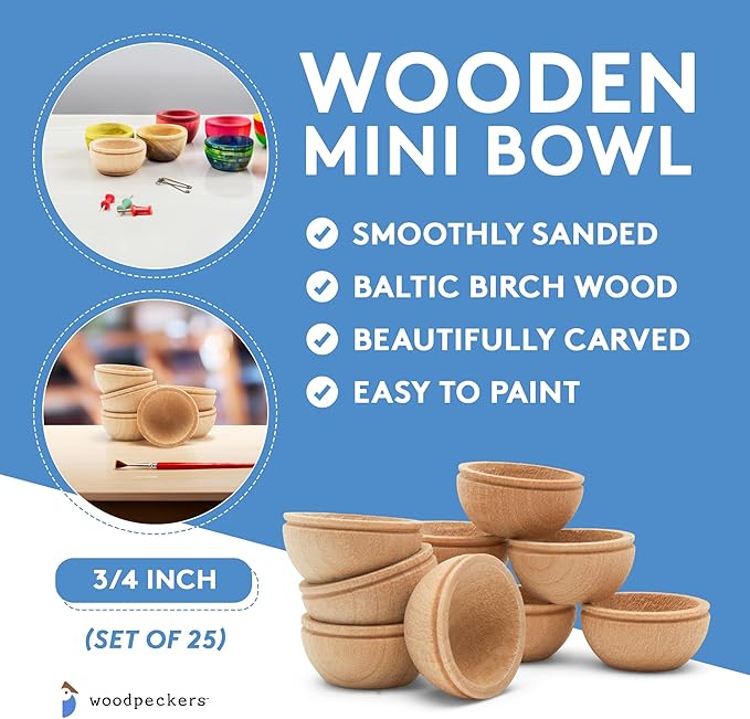 Woodpeckers Unfinished Wood Mini Bowl, 3/4 inch, Perfect for Scale Models, Dollhouse Dishes, Wood Craft Projects, and Sorting Activity, Pack of 25