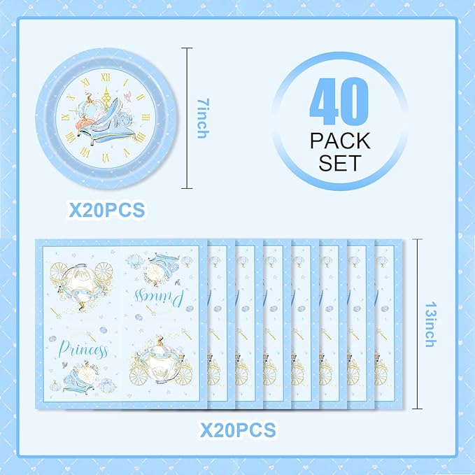 Cihuyuxia 40pcs Princess Birthday Party Supplies Pumpkin Crystal High Heels Plates and Napkins for Girls Princess Party Supplies,Suitable for 20 Guests