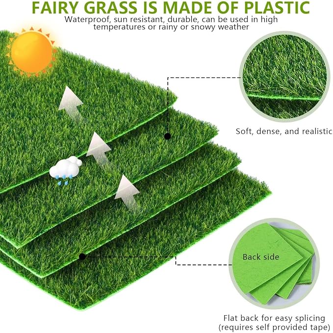12 Pack Fairy Garden Grass 6 x 6 Inches Miniature Artificial Craft Grass for Dollhouse Ornament DIY Decoration