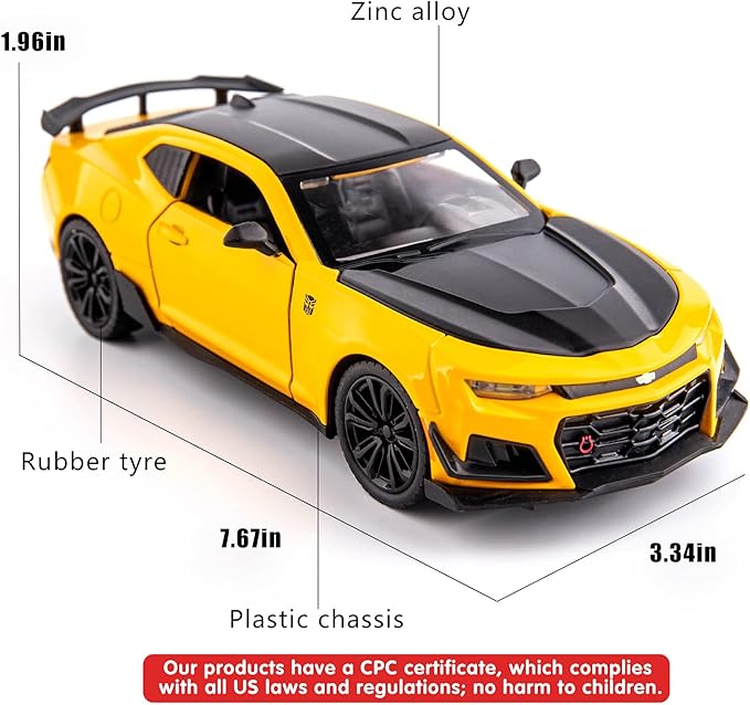 BDTCTK 1/24 Camaro Bumblebee Car Model Toy Zinc Alloy Casting Pull Back Car Sound and Light Toys for Kids Boy Girl Gift (Yellow)