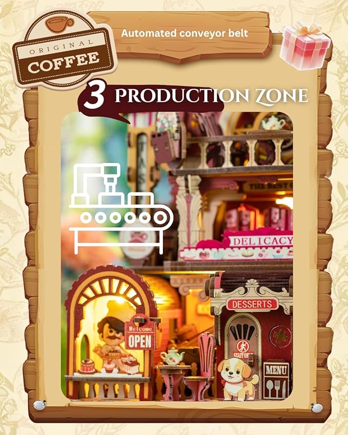 Dessert Atelier Self-Running Powered DIY Miniature House Kit – Movable Dessert & Coffee Lines Dollhouse Kit – Wood 3D Puzzles Tiny House Book Nook Christmas Halloween Birthday