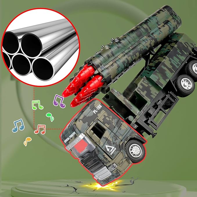 Army Toys for Boys, Military Toys with 8 Missiles, Army Truck Toy with Light & Sounds, Die-cast Vehicle, Military Vehicles Gift for 3 4 5 6 Year Old Boys