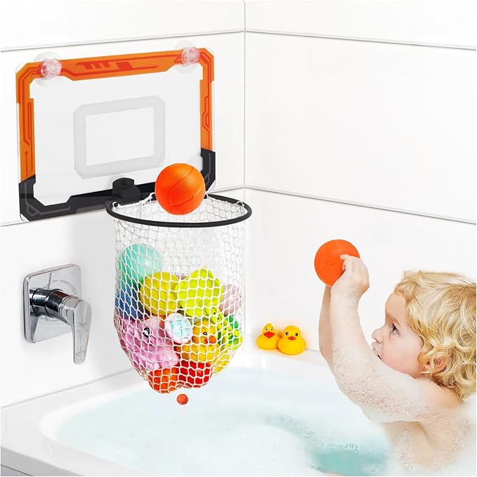 QPJ Baby Bath Toy Storage Organizer, Large Opening Mesh Bathtub Toy Storage for Tub, Bath Toy Holder for Quick Release of Toys for Bathroom, Basketball Hoop Design with Fun Bonus