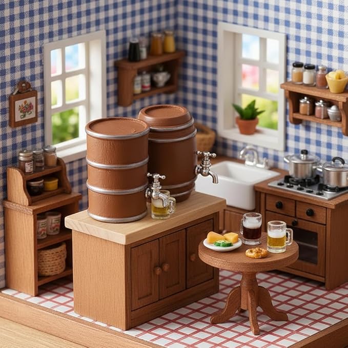 Miniature Beer and Wine Barrel Set with Mugs, Brown Wooden Style Kegs, 1:12 Scale Dollhouse Accessories, 6 Piece Collection