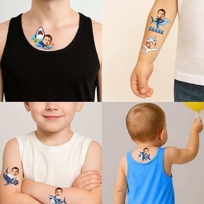 Custom Shark Temporary Tattoos for Kids - Personalized Pre-Cut Face Photo Tattoos - Fun Birthday Party Favors for Boys Girls, Shark Lovers - Set of 20 Unique Celebration Gifts