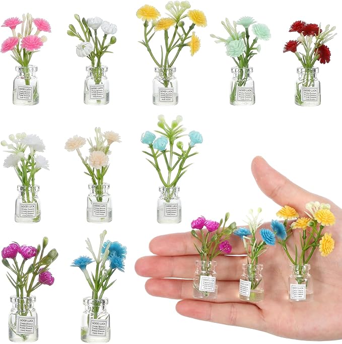 10 Pcs Dollhouse Miniatures Flowers Plants, 1:12 Tiny Small Glow in The Dark Glass Vase Flowers Plant House Decor, Faux Flower Model Miniature Dollhouse Accessories for Tiny Houses