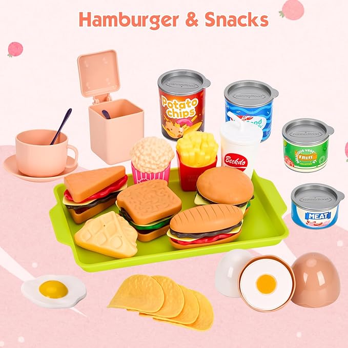 118Pcs Mini Play Kitchen Accessories for Kids, Pretend Cooking Playset with Cookware, Tableware & 2 Fruit Sets, Learning Gift for Girls, Boys, Toddlers, Pink