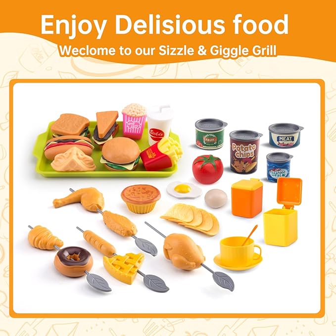 120Pcs Mini Play Kitchen Accessories, Kids Pretend Cooking Playset with Desserts, Cuttable Veggies & BBQ & Storage Basket, Educational Role-Play Gift for Toddlers, Child, Yellow