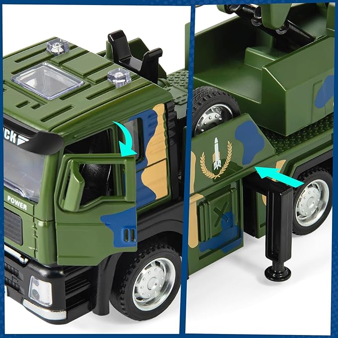 Military Missile Launch Truck Toy, with Lights Sounds and Pull Back Army Car, Alloy Die-cast Simulated Combat Vehicle Model Toy for Kids Age 3-6
