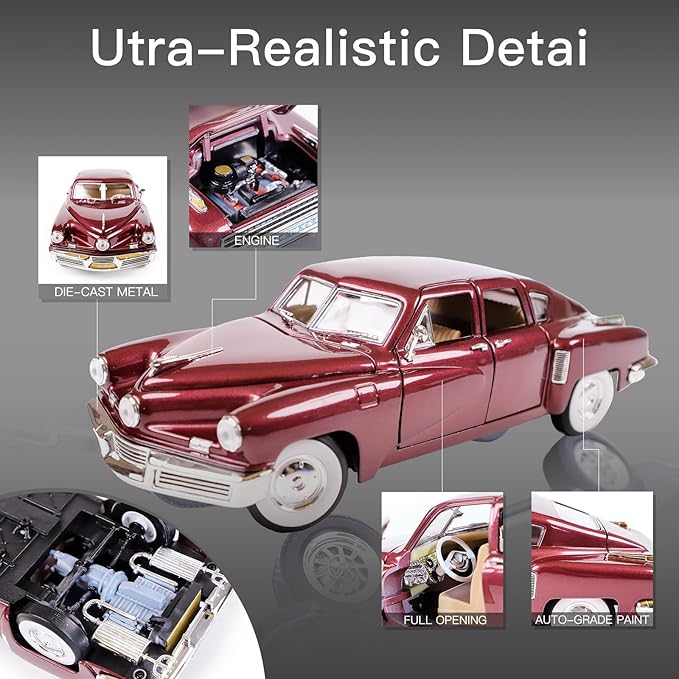 1948 Tucker Torpedo 1:18 Diecast Model Car - Cyclops Headlight, Opening Doors, Steering Linkage | Premium Gift Box, Man Cave Decor | Ages 14+,Burgundy