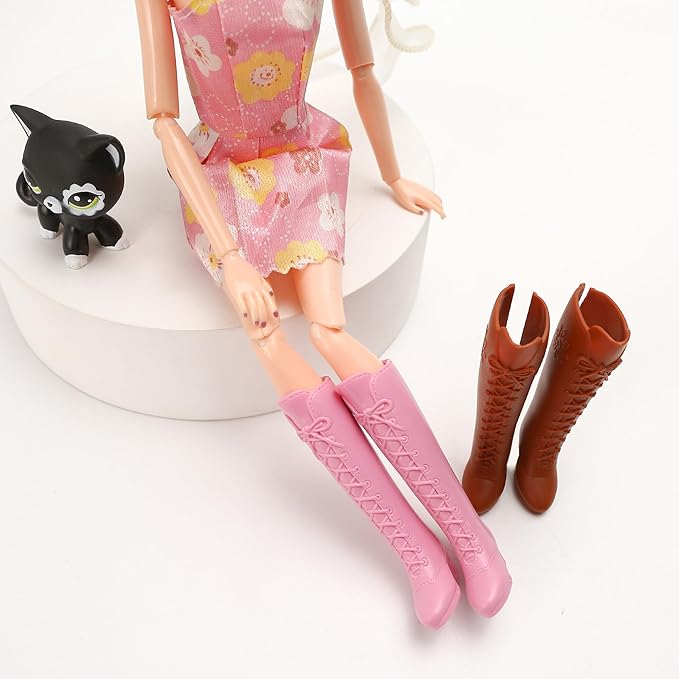 2 Pairs Doll Boots Shoes Wear Clothes Outfit Handmade Costumes Replacement for 1/6 Doll Fashionable Cowboy Wearing Fashion (Pink and Brown)