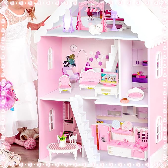 92 Pcs Miniature Furniture Set Accessories Mini Furniture Plastic Bedroom Living Room Bathroom Kitchen Kit Small Pink House for Birthday Gift