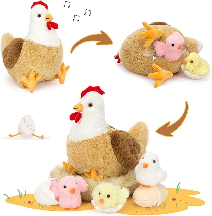7Pcs Chicken Stuffed Animals, Stuffed Hen Plush with Baby Chicks & Eggs, Nest Hen Coop Plush Toy Set for Kids, Soft Stuffed Farm Animal Plushie for Birthday Christmas Easter Gift, 14"