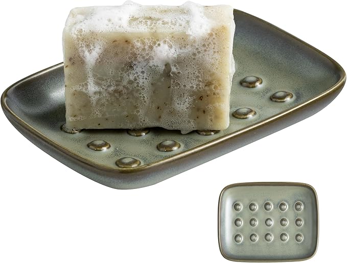 Ceramic Soap Dish for Shower, Non-Slip Bar Soap Saver Tray Bar for Bathroom Kitchen Sink Bathtub, Easy to Clean, Raised Pattern - Keep Soap Dry, Dark Green