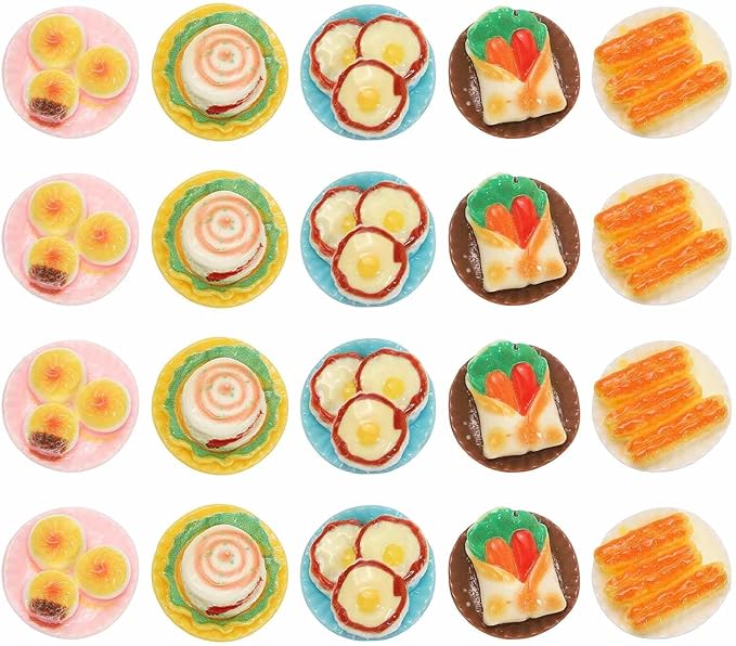 Dollhouse Miniature Food, Cute Mixed Breakfast Figures Toys Mini Resin Foods Trinkets for Pretend Play Kitchen Cooking Game & Doll House Decor (Mixing Colors, 20pcs)