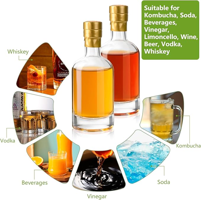 BPFY 6 Pack 6oz (200ml) Clear Glass Liquor Bottles for Wine, Kombucha,Beverages, Oil, Vinegar, Empty Vodka Bottles, Glass Bottle with T-Top Caps, Heat Shrink Capsules