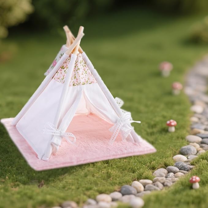 1:12 Dollhouse Camping Bed Tent, 1 Set Fairy Style Mini Pink Lace Tent with Carpet, Miniature Outdoor Furniture Accessories for Bedroom,Patio and Garden for Teens & Adults