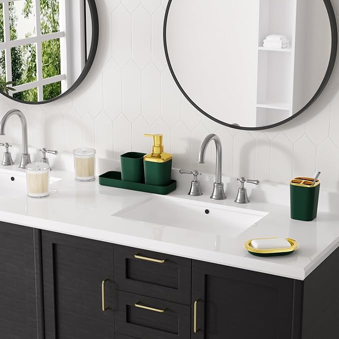 XLHOMO Dark Green Bathroom Accessories Set, Green and Gold Bathroom Accessories with Trash Can, Soap Dispenser, Soap Dish, Toothbrush Holder and Q-tip Holders