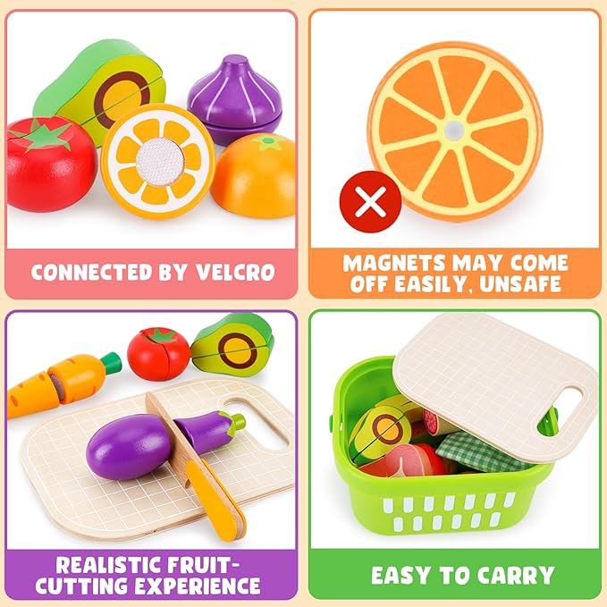 Wooden Food for Play Kitchen - Cutting Fruits Toys for 1 2 3 Years Old Toddlers Kids, Vegetables Gift for Boys Girls Educational Toys