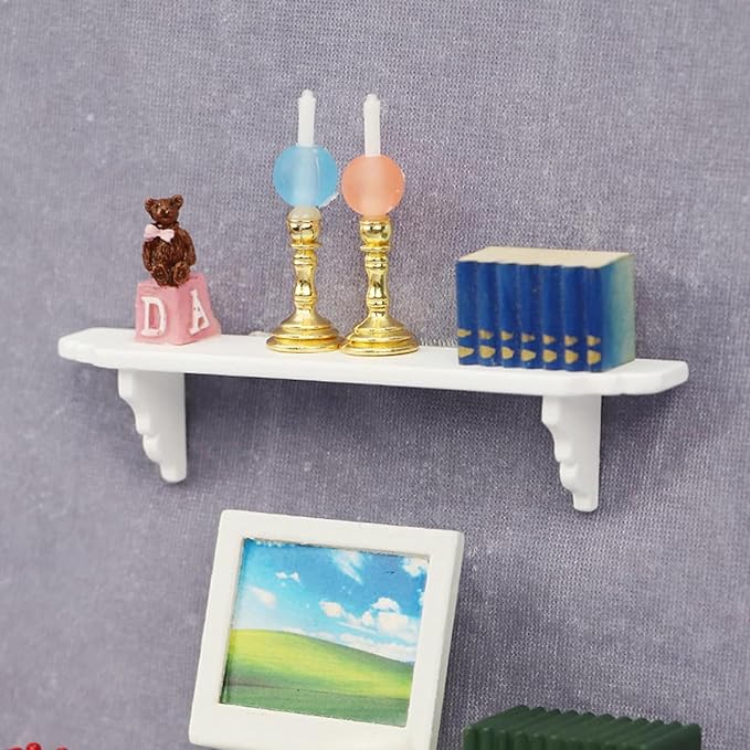 2Pcs White 1:12 Scale Miniature Dollhouse Wall Shelf, Modern Storage Wall Shelf for Kitchen Scene, Dollhouse Decor Accessories