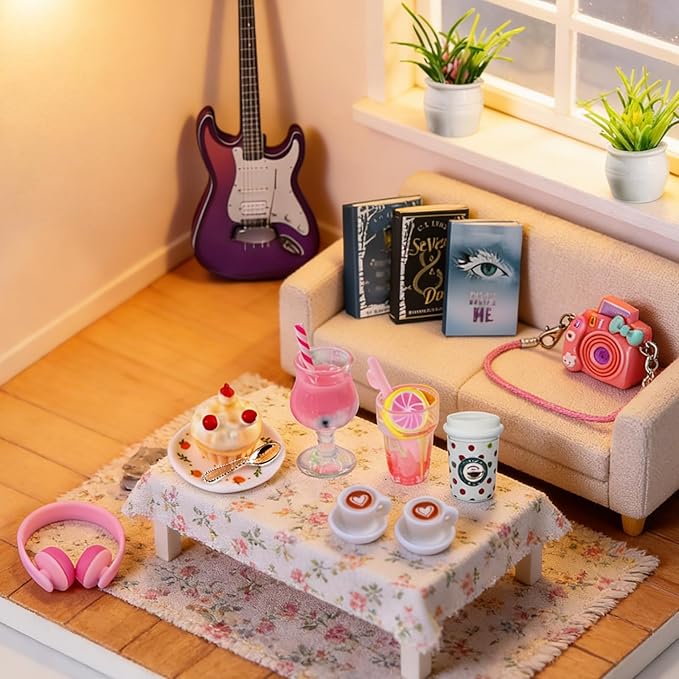 21 Pcs Dollhouse Miniature Laptop Computer Tablet Phone 1/12 1/6 Scale Tiny Book Drinks Guitar Instrument, Doll House Furniture Decor Cake Glasses Coffee Mini Headset, Camera, Potted Plants (Pink)
