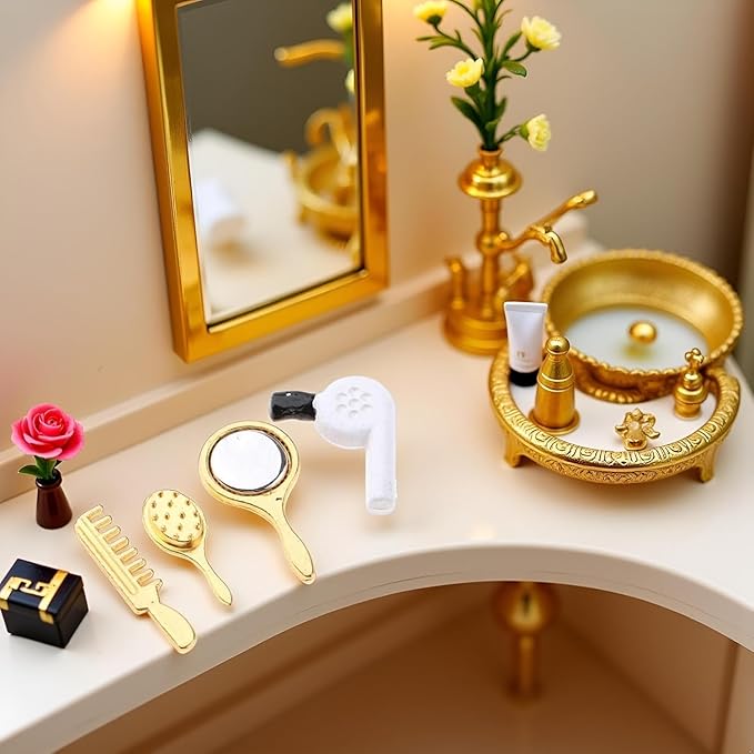 4 Pcs Dollhouse Miniature Bathroom Set with Hair Dryer, Dollhouse Accessories 1:12 Scale Dollhouse Bathroom Comb Mirror Hair Dryer Brush,Dollhouse Furniture Accessories