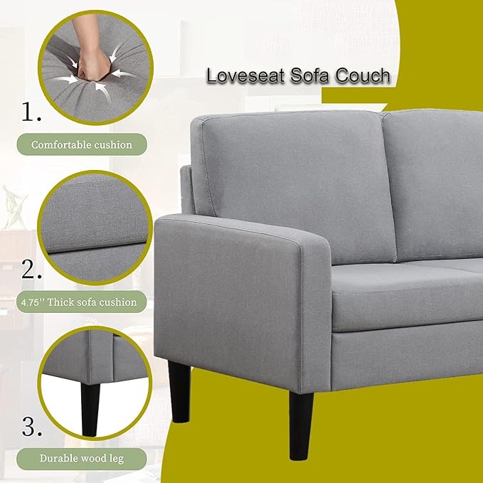 asunflower Small Loveseat Sofa 52Inch Couch for Small Spaces, Comfy Linen Fabric 2 Seater Sofa Office Couch Tool-Free Assembly Love Seats for Bedroom,Drom Room,Kid's Room,Light Grey