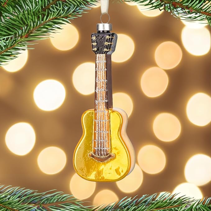 Every Day is Christmas Glass Blown Ornaments Cute Hand Made Figurines Tree Decoration, Set of 2 Guitar