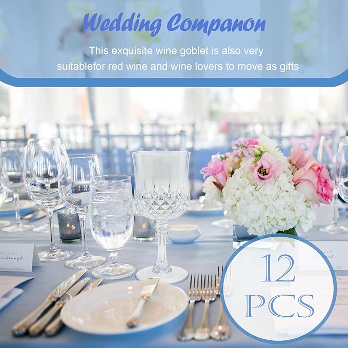 Veiuwa 12 PCS Plastic Wine Glasses Clear,Reusable Plastic Wine Glasses,White Goblet Glass,Durable and Sturdy Cups Can Be Used for Various Parties Such as Weddings!