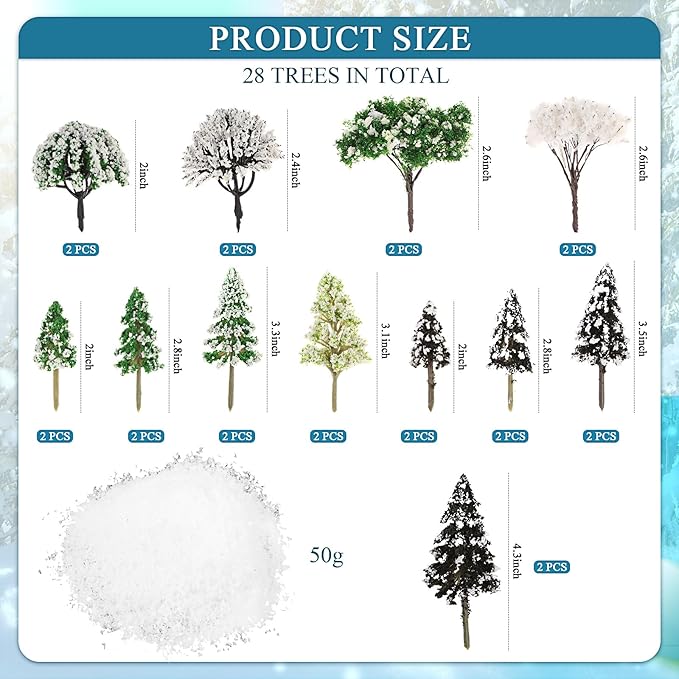Canlierr 28 Pcs Miniature Model Trees for Diorama Mini Tiny Winter Snowy Tree Figurine for Villages, Craft, Model Train Scenery Accessories (Snow Trees)