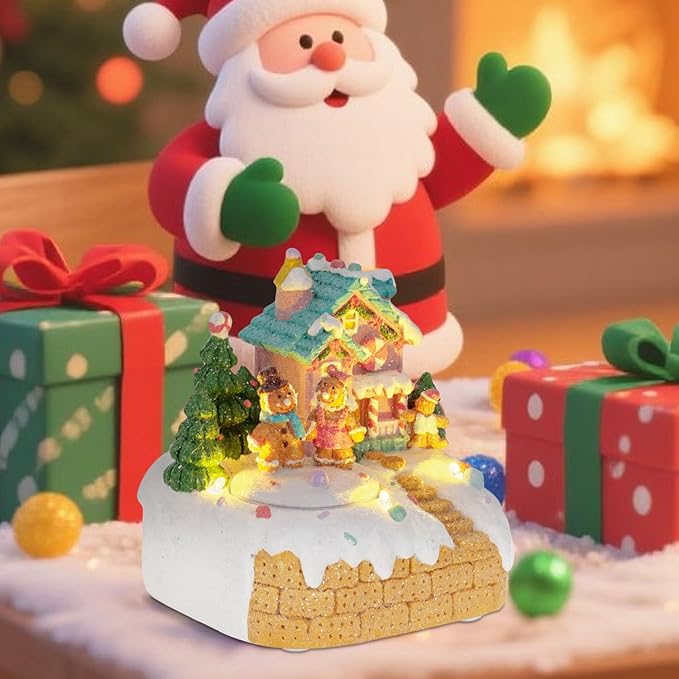 innodept12 Animated Gingerbread House Christmas Decoration – Pre-Lit Musical Resin Village Figurine with Rotating Gingerbread Characters and LED Lights for Indoor Holiday Tabletop Display