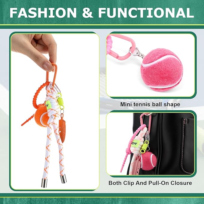 Nosiny 6 Pcs Tennis Ball Keychain Cute Tennis Racket Key Rings with Striped Lanyard 7.1in Sporty Bag Charm Backpack Pendant Gift for Men Women Sports Lover Players Team