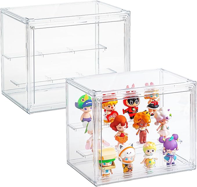 2 Pack Acrylic Display Cases for Collectibles, Clear Display Case for Figures, 3 Tier Display Shelf Boxes Miniature Display Case, Dustproof and Stackable Action Figure Display Cases (2, Small)