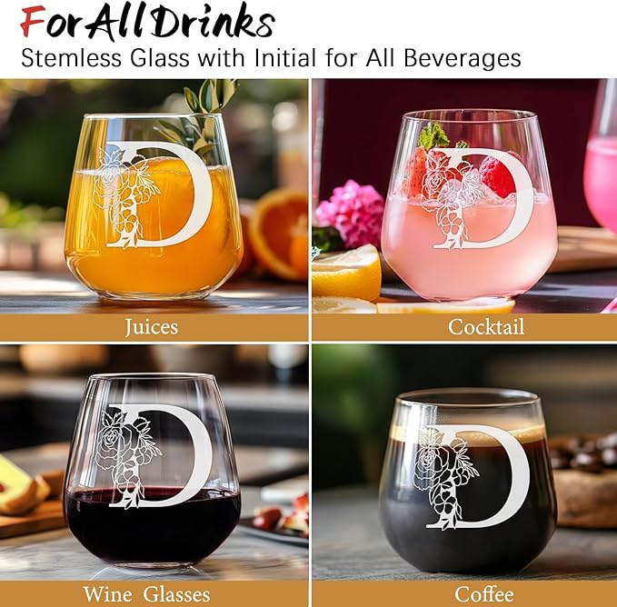 Personalized Gifts for Women, Monogrammed A-Z Wine Glass Customized Gift, Unique Wedding Birthday Gifts for Women Her Mom Friend Sister Wife Daughter Nurse - Dishwasher Safe (D)