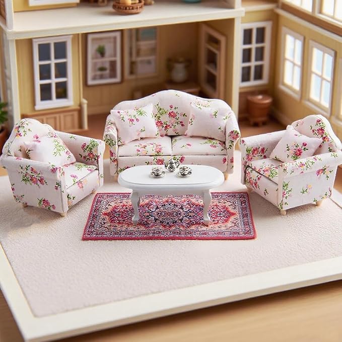 1:12 Dollhouse Couch Furniture Set, 16Pcs Wooden Miniature Sofa Set, Dollhouse White Fabric Printed Double & Single Sofa with Pillow and Living Room Accessories