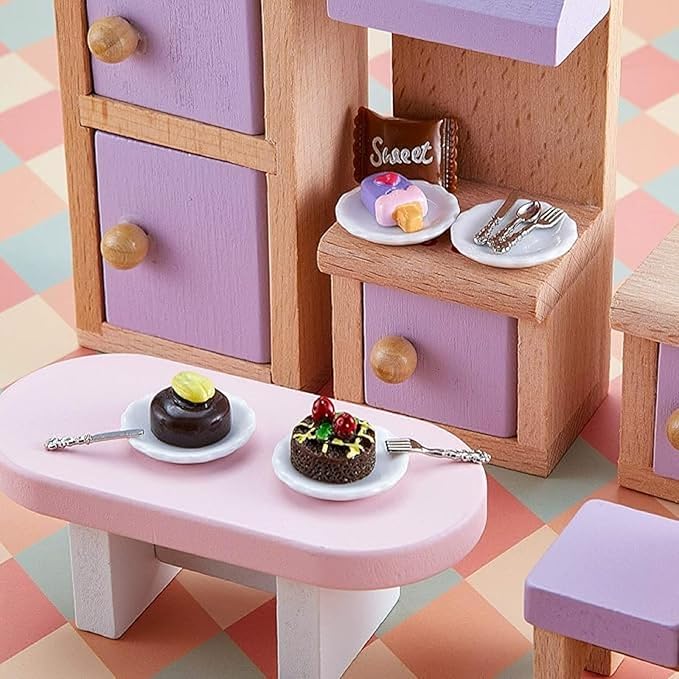 Skylety 8 Pieces 1: 12 Scale Minature Dollhouse Accessories Mini House Plates and 12 Spoons Knives Forks Metal Tableware Kitchen Accessories Miniatures Porcelain Plate Set Mini House Decoration