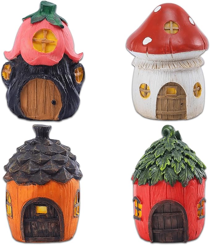 POPKER 4Pcs Miniature Fairy Garden House, Mini Mushroom Cottage House, Fairy Accessories for Micro Landscape, Garden, Yard, Patio, Outdoor, Decorations, Gifts