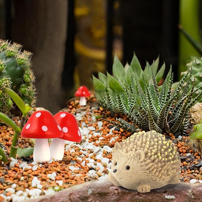 CooBigo 6 Pack Mini Mushroom & Resin Hedgehogs Figurines Micro Wood Mushroom for Fairy Garden Wild Landscape Pots Handmade DIY Decor Accessories