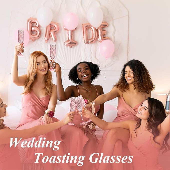 Plastic Champagne Flutes Champagne Glasses Unbreakable Wedding Toasting Glasses Reusable Diamond Wine Glasses Crystal Clear Party Wine Cups Vintage Drinking Glasses 5.5 OZ for Wedding (12, Pink)