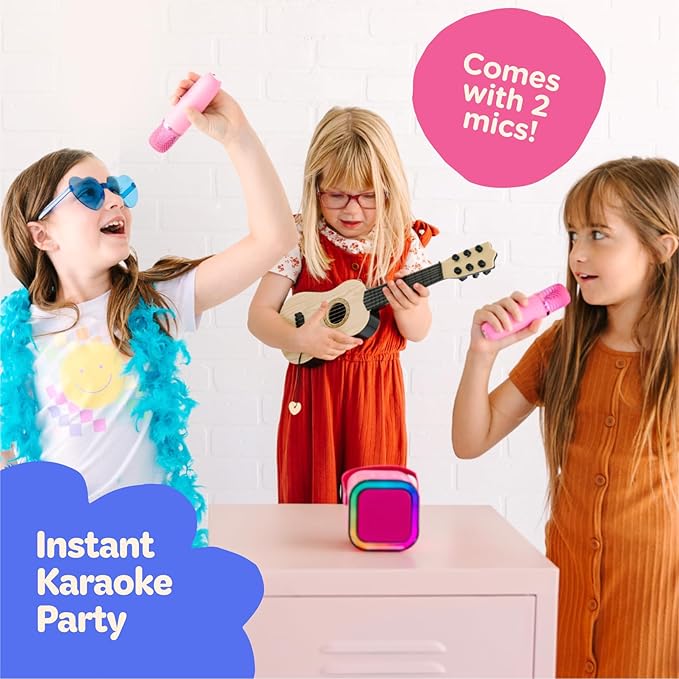 Move2Play, Mini Karaoke Machine for Kids | Built-in 20+ Songs | Bluetooth Speaker & Microphones | Voice Effects | Toddler Music Toy | Christmas Stocking Stuffer | Girls & Boys Age 2 3 4 5 6+ | Pink