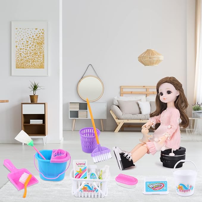 16 Pcs Miniature Dollhouse Cleaning Supplies Mini Bucket Mop Dust Pan Brush Broom Mini Housework Cute Cleaning Supplies Tools Miniature Furniture Dollhouse Decoration Accessories