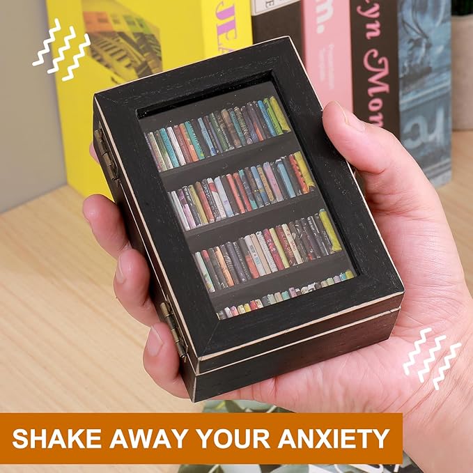 Anxiety Bookshelf Ornament | Small Bookshelf Miniature Library With 100pcs Mini Books| Shake Away Your Anxiety Book Library for Book Lovers Home Office Decor (Black)
