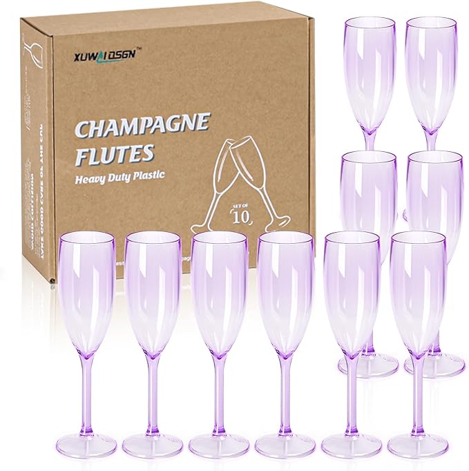 XUWAIDSGN 10 Pcs Reusable Champagne Flutes Plastic Wine Glasses Bulk Vintage Champagne Flutes Mimosa Bar Glasses Stemmed Drinking Cups 5.4OZ for Christmas Birthday Wedding Bride