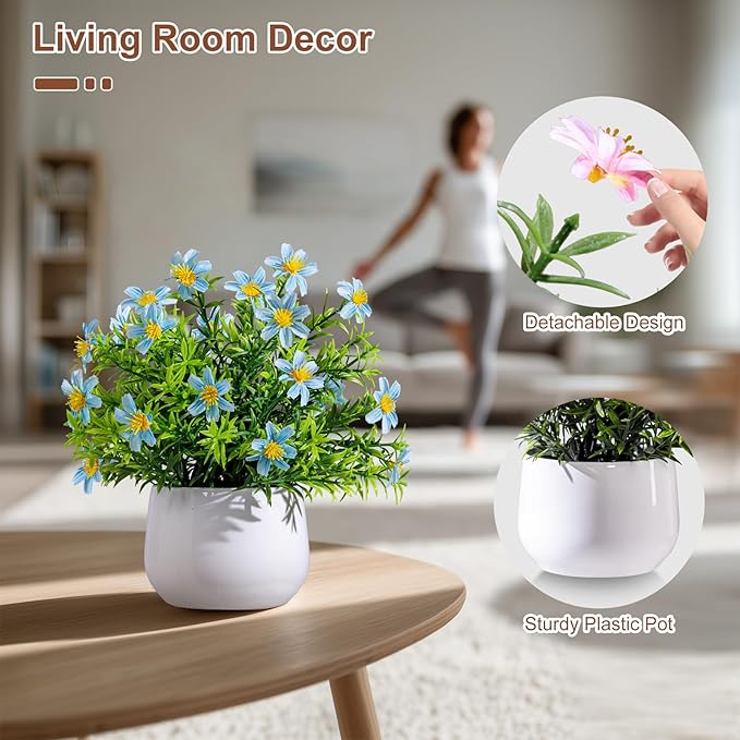 Yarmare 3 Pack Small Fake Plants Artificial Potted Flowers for Indoor Mini Faux Plants with Flowers Greenery for Home Decor Living Room Bathroom Bedroom Office Table Shelf (White+Pink+Blue)