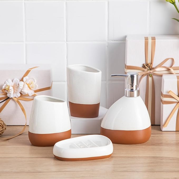 MALACASA Bathroom Accessories Sets 4 Pcs, Cream Soap Dispenser and Farmhouse Toothbrush Holder, Soap Dish with Storage Cup, Durable Ceramic Bathroom Decor for Morden Apartment, Ceram Color