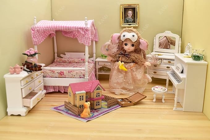 iLAND Wooden Dollhouse Furniture on 1/12 Scale of Pink Dollhouse Bedroom Set w/Piano (Sweet Doll Furniture 6pcs)