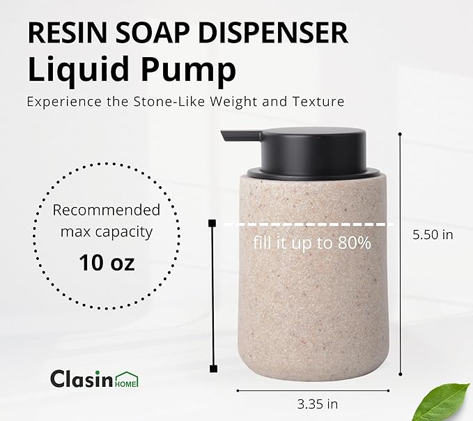 Clasin Home Beige Bathroom Accessories Set, 3 Pcs Resin Bathroom Accessories Complete Set, Sandstone Look Soap Dispenser with Large Pump, Toothbrush Cup, Soap Dish for Modern Home Decor and Kitchen